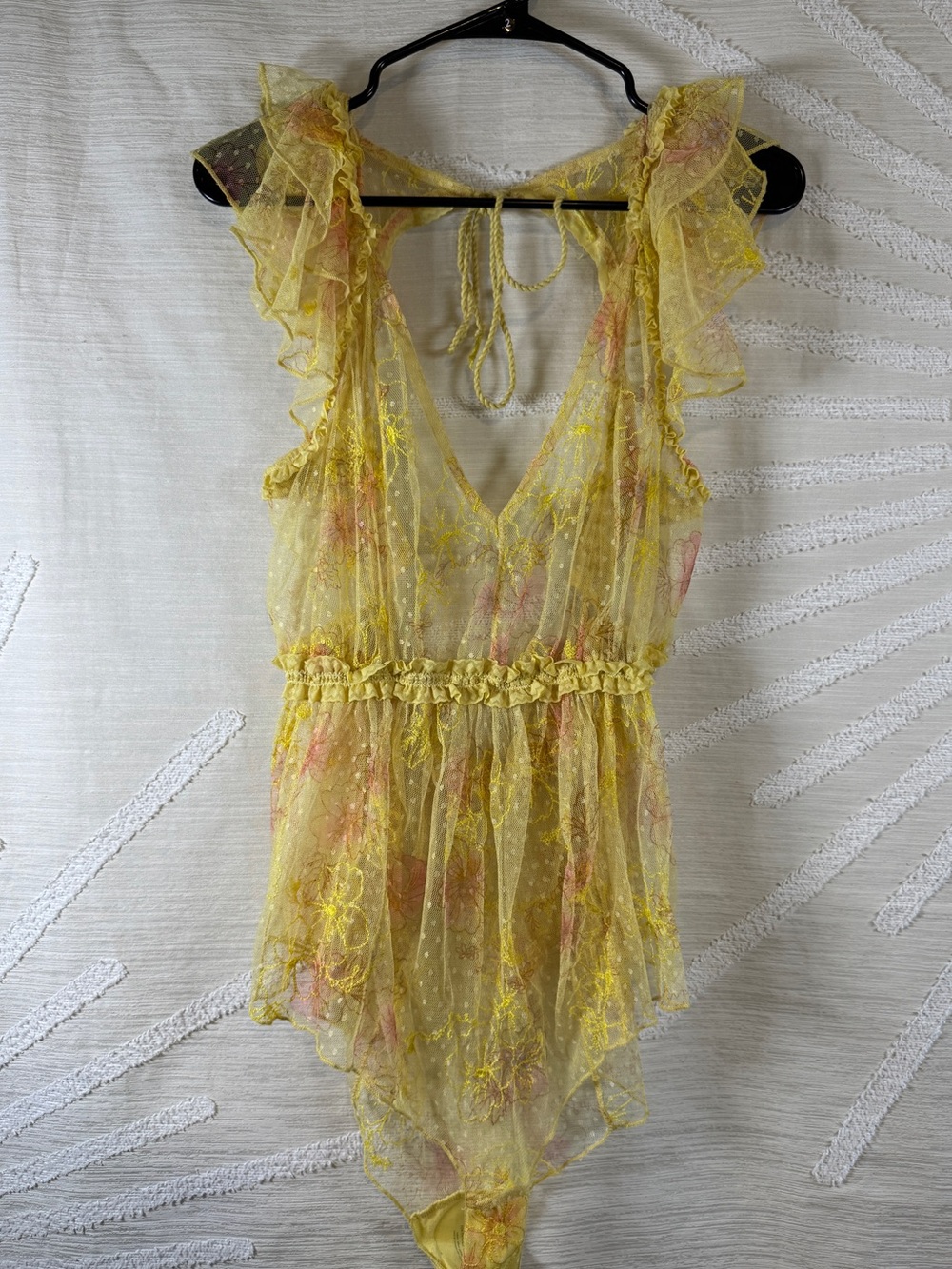 Free People Postcard From Paris Teddy Yellow Floral Mesh Bodysuit Medium - Picture 2 of 8